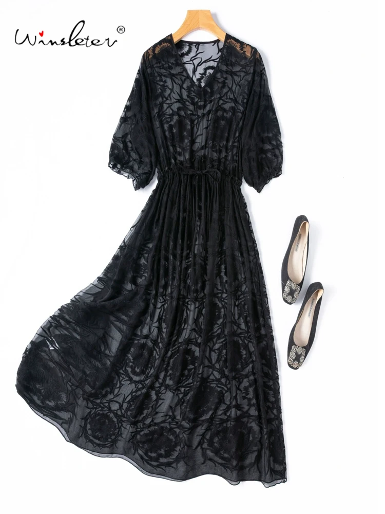 

Winsleter-Women 100%Real Silk Elegant Dress, V Neck Half Sleeve Embroidery, Retro Casual Sheer Dresses, 2025 Summer New D56934CC