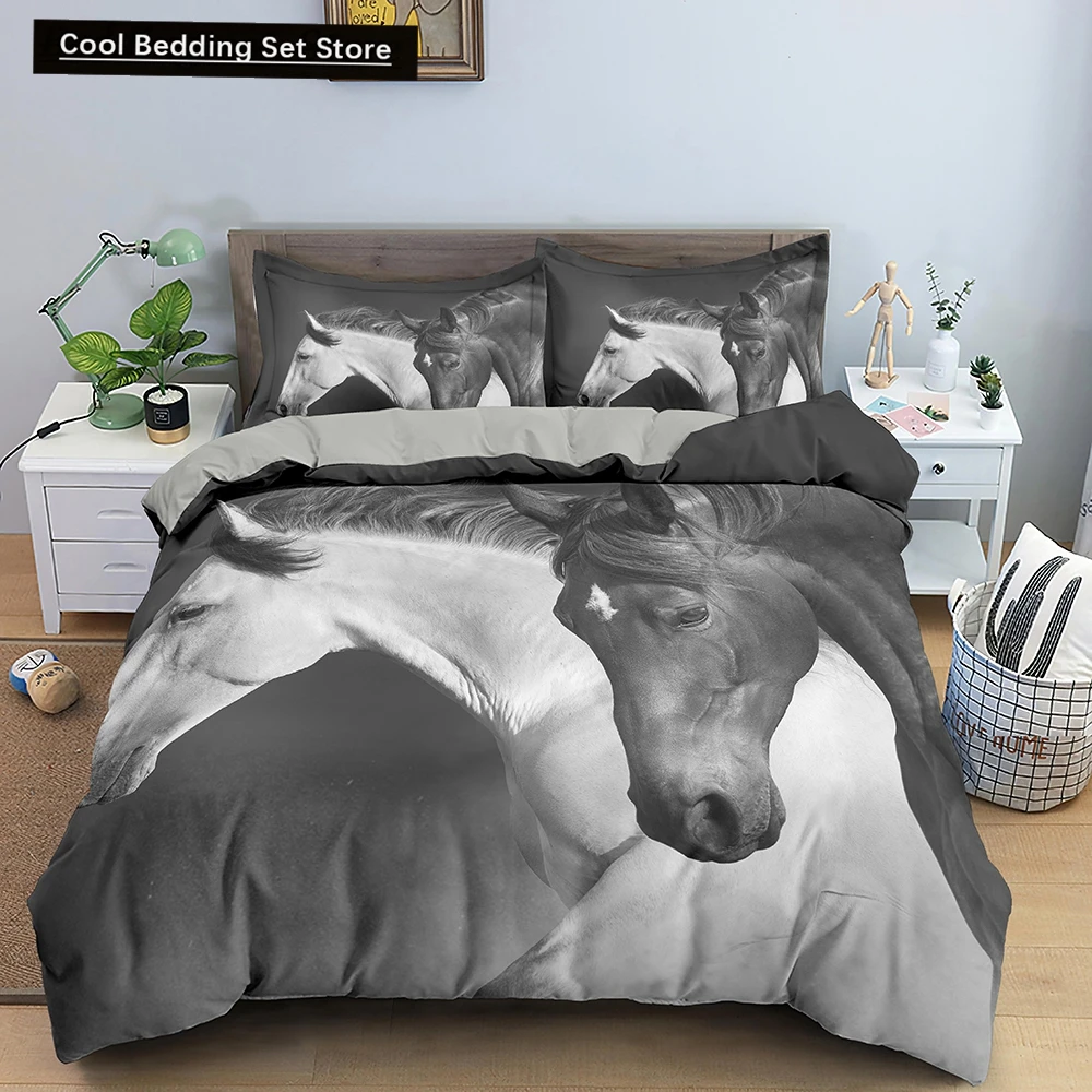 

3D Horse Duvet Cover King Queen Size Black White Thoroughbreds Bedding Set for Teens Adults Animal 2/3pcs Polyester Quilt Cover