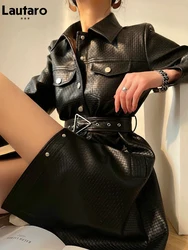 Lautaro Autumn Black Leather Shirt Jacket Women Long Sleeve Belt Pockets Single Breasted Loose Casual Luxury Korean Fashion 2023