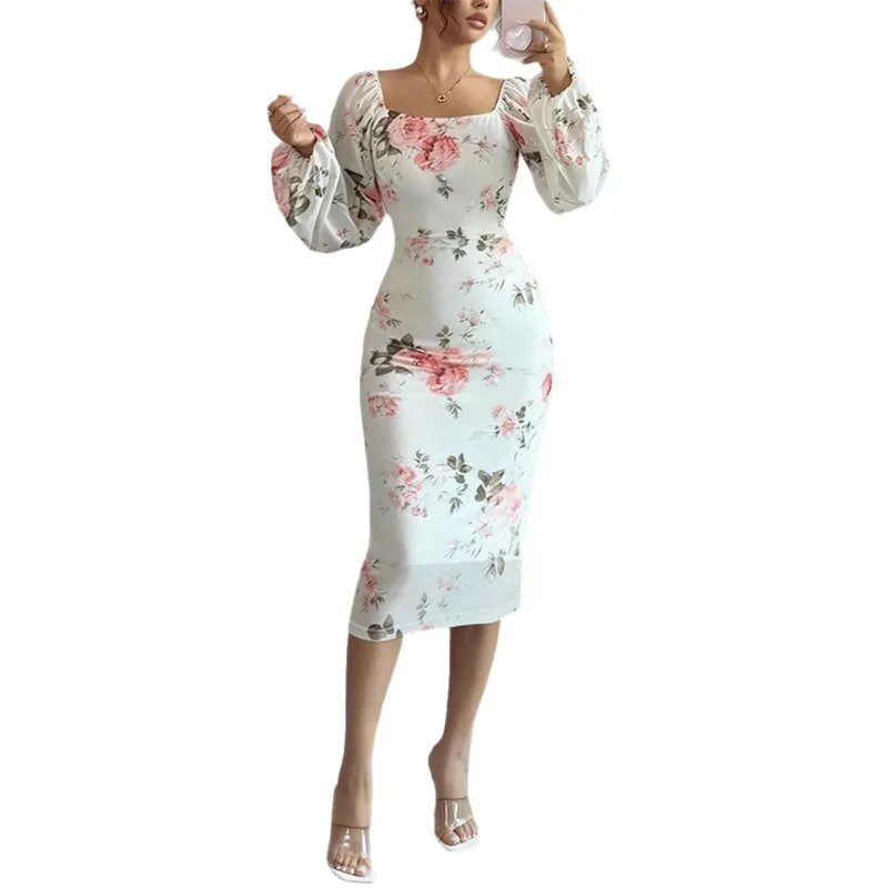 NUOVO elegante abito con stampa floreale autunno 2025 nuovo abito bianco sexy da donna con gonna a tubino in vita con volant e collo quadrato in chiffon
