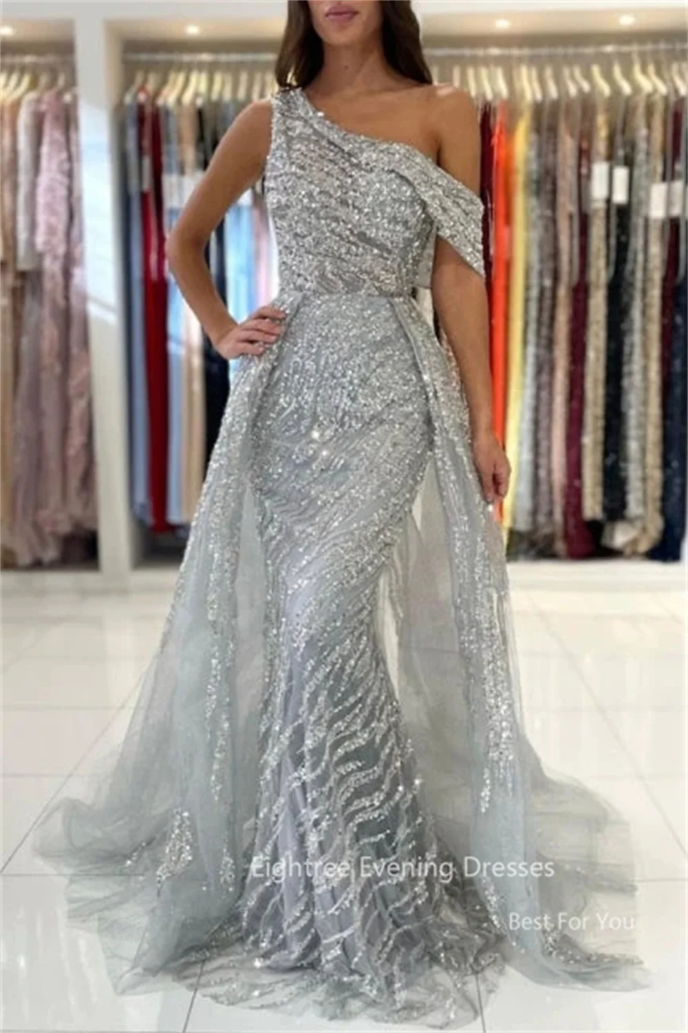 Eightree Sparkly Siliver Prom Dresses Exquisite Arabic Women Party Dress Sequined Long Dubai One Shoulder Luxury Evening Gowns