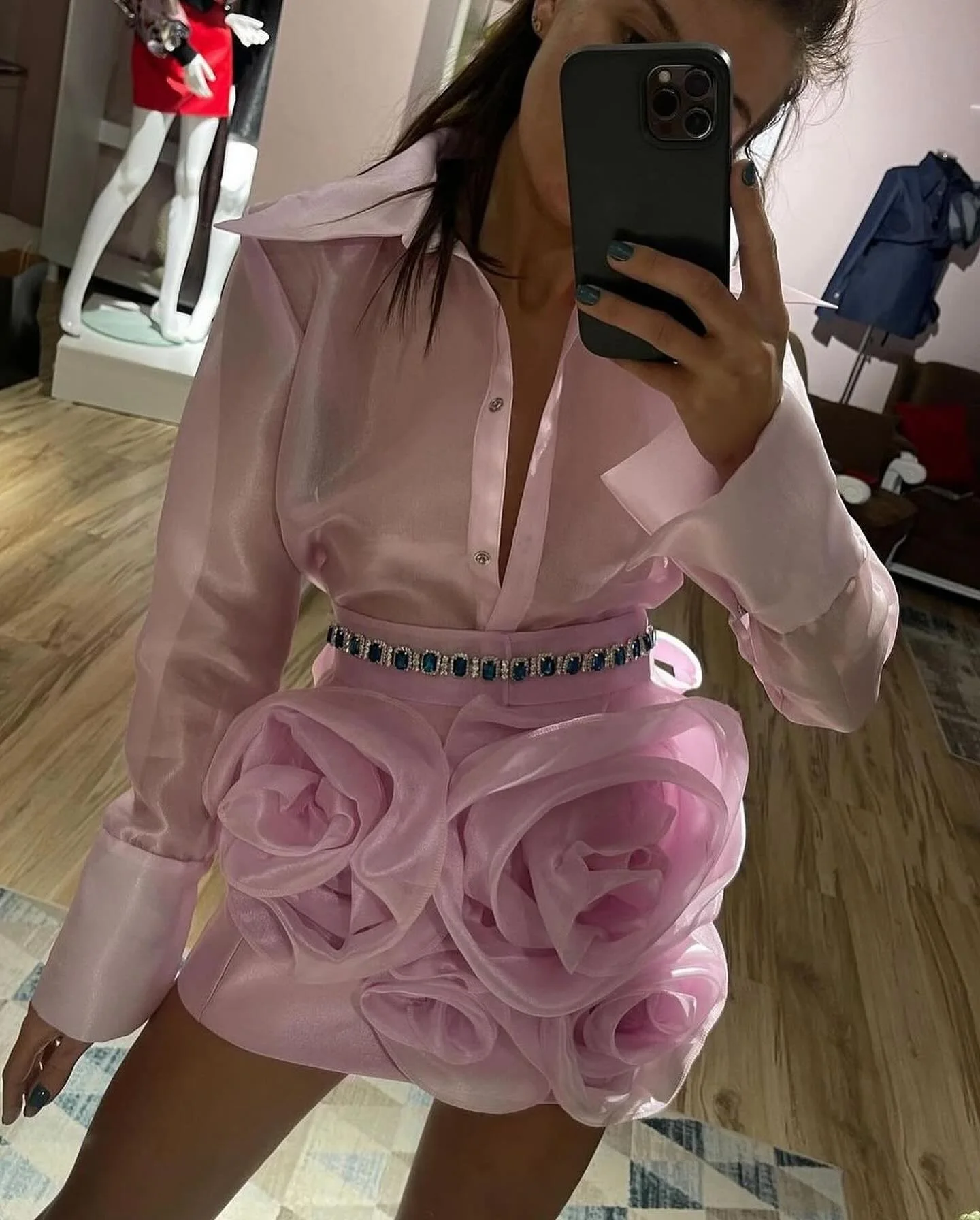 Custom Made 3D Rose Flowers Mini Skirt High Waist Ruffled Organza Flower Short Skirt Women Pink Pretty Cocktail Party Skirt Saia