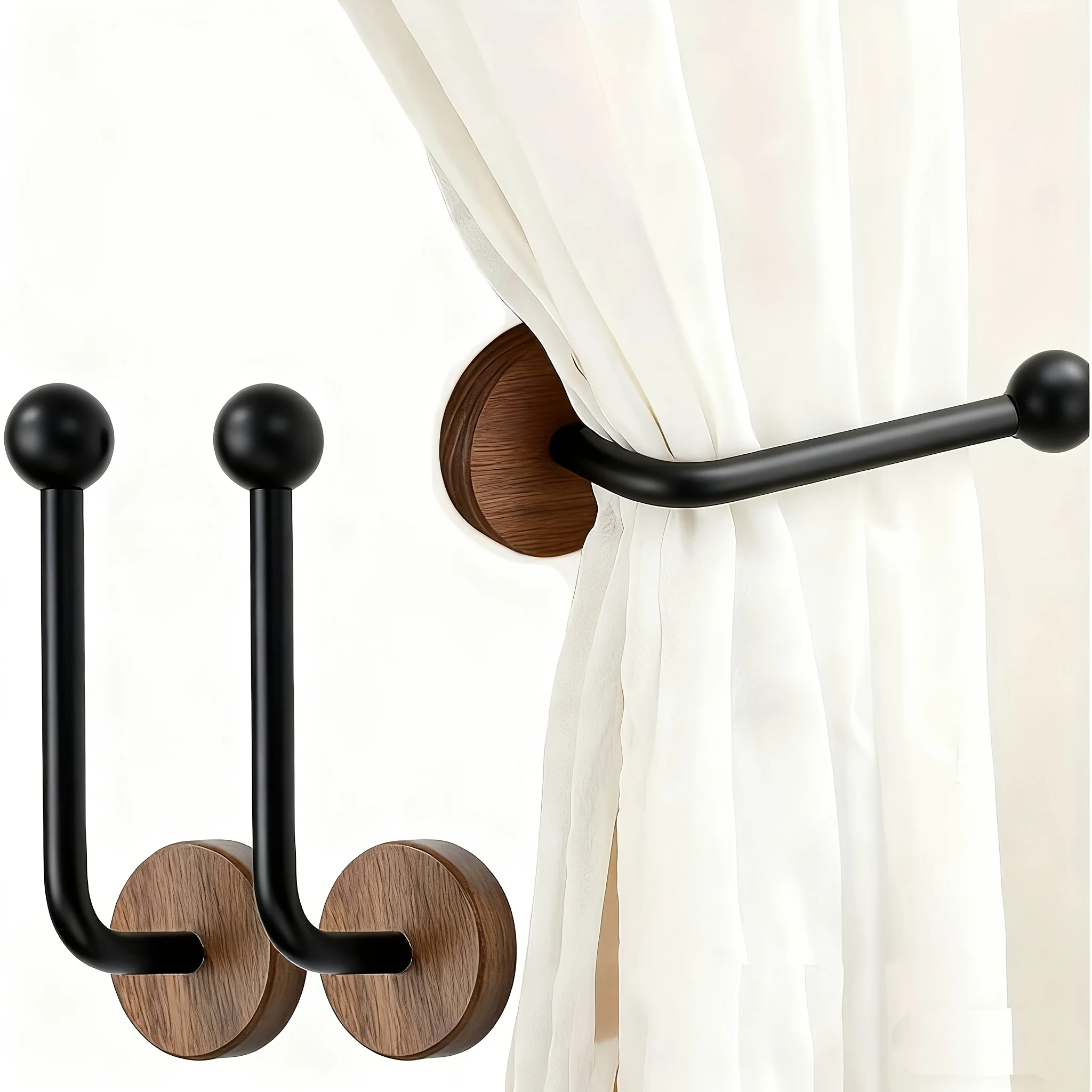 2-Pack Modern Adhesive Curtain Holdbacks No Drill Wall Mounted with FAS Walnut Wood Base - Heavy Duty Adhesive Panels & Wood