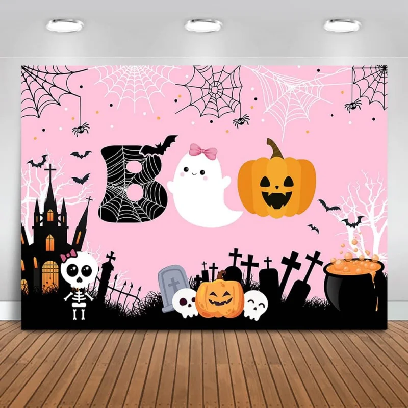 Halloween background cute ghost pumpkin trick or treat background pink birthday party cake table decoration banner