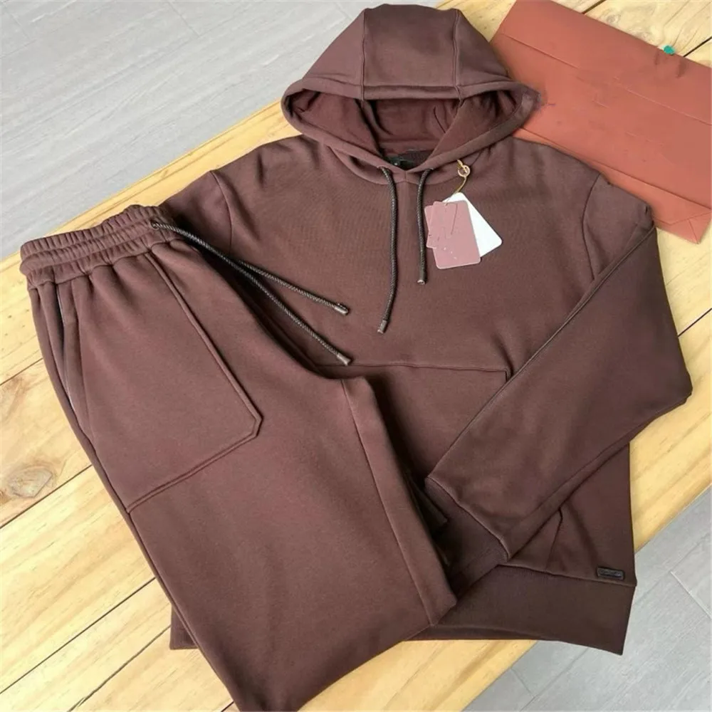 Autumn L*P Man Leisure Pants Suit Hooded Velvet Sweatshirt + Drawstring Sweatpants 2 Piece Set