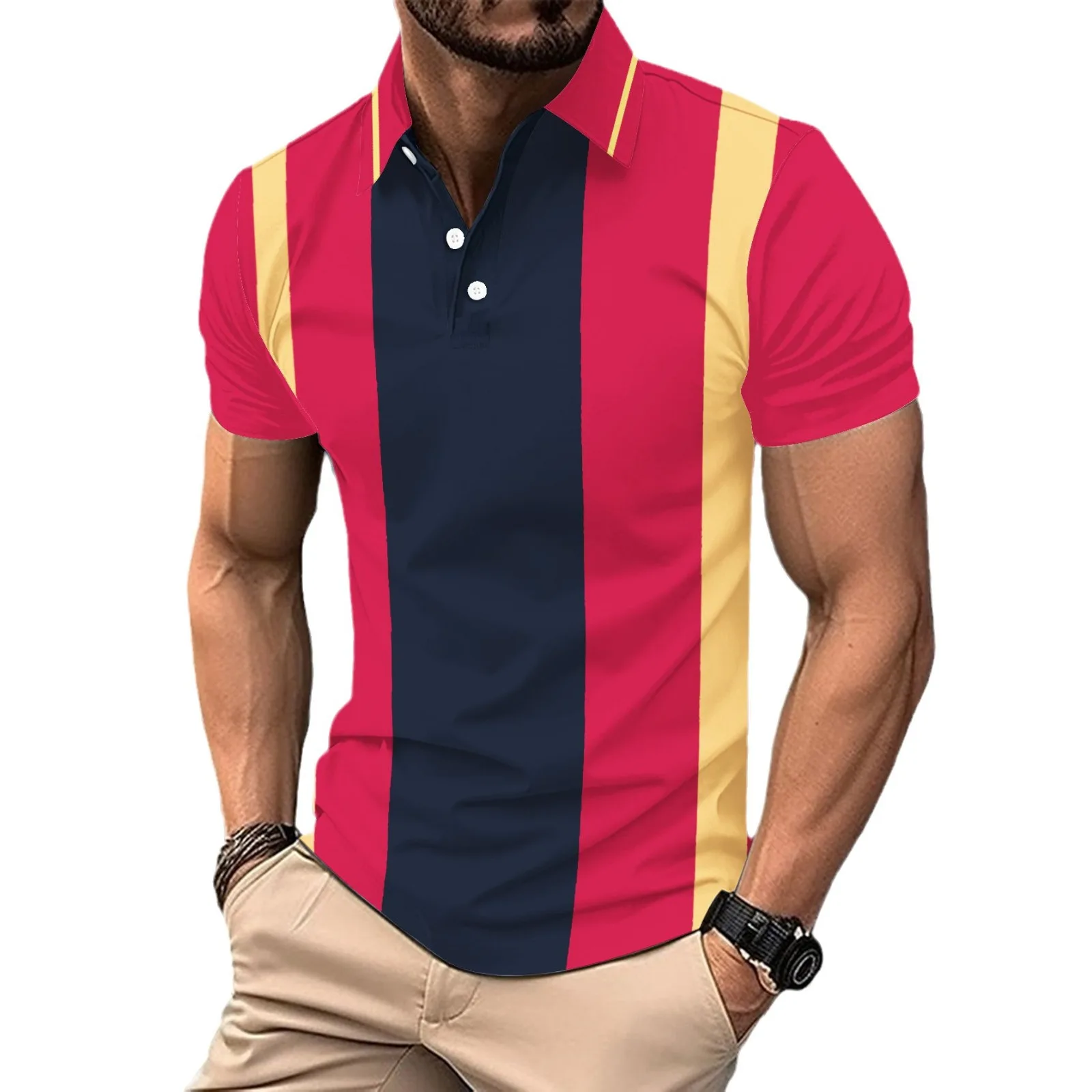 POLO informal para hombre, camiseta a juego de color sólido con botones de solapa estampados, novedad de 2024