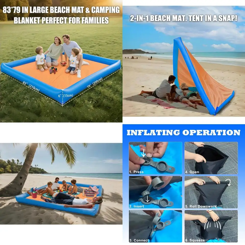 

Large Beach Blanket Sandproo, 79"x83" Beach Mat or amily, Beach Mats with Pillow, Camping Sleng Mat Portable Outdoor with Side W