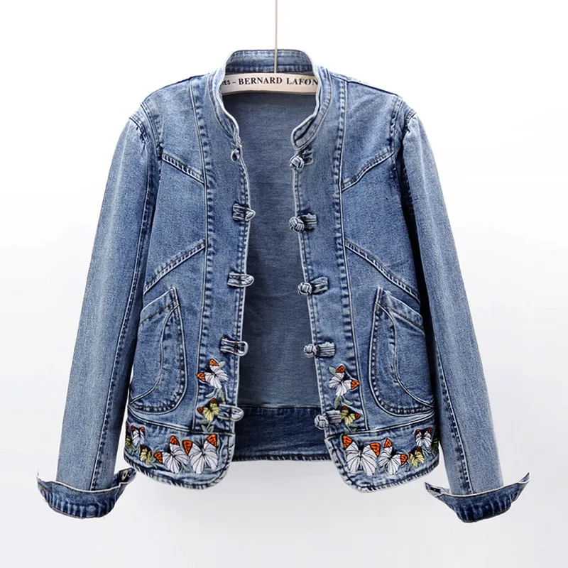 

Pop Vintage Women Jacket Nice Autumn Embroidery Denim Jackets Washed Blue Jeans Coat Turn-down Collar Outwear Bomber Jacket