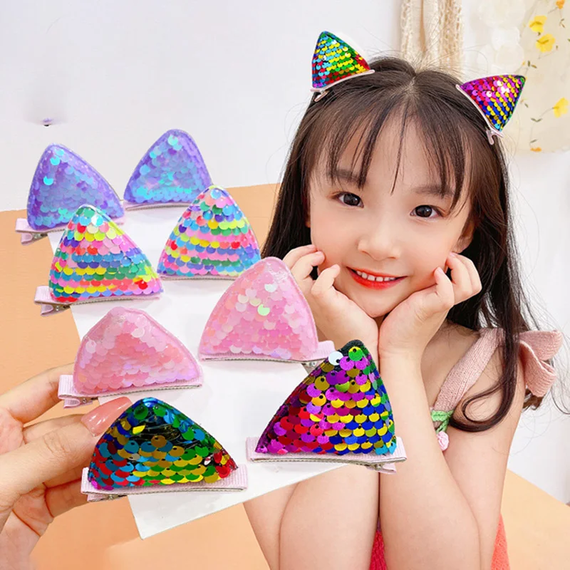 2PCS New Sequins Cat Ears Hairpins Girls Hair Clips Cute Hair Accessories Child Sweet Barrettes Kids Fashion Headwear Ornaments