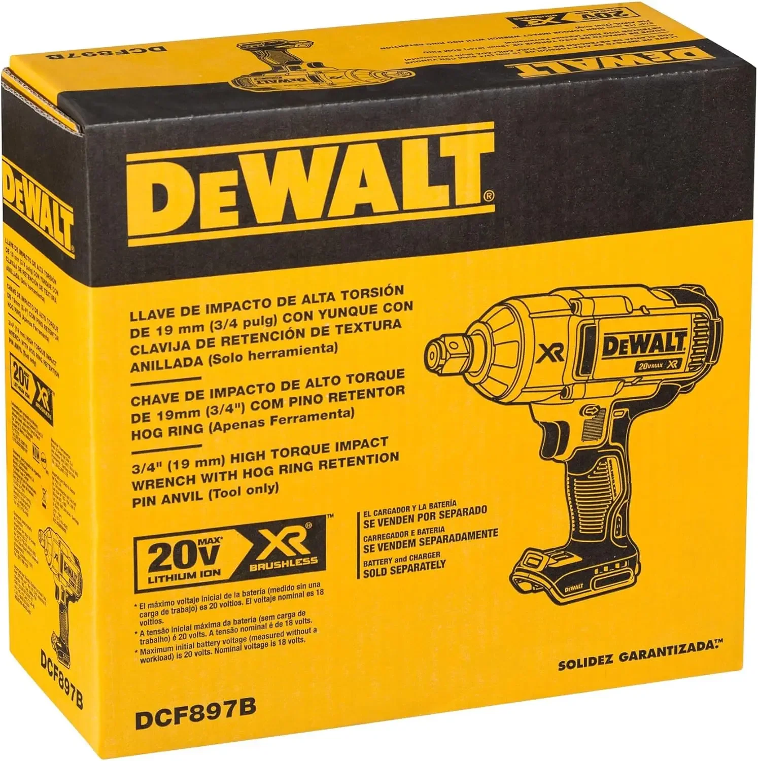 DEWALT kunci pas Dampak tanpa kabel, 20V MAX * XR dengan Pin cincin babi, 3/4 inci, hanya alat (DCF897B)