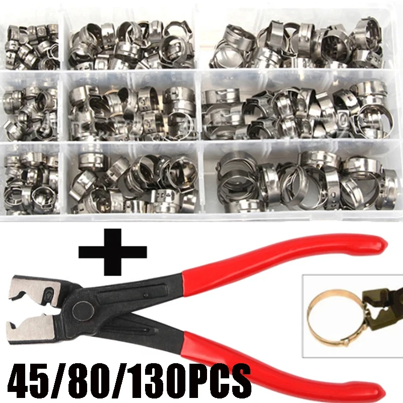 

130/80/45pcs Stainless Steel Ear Stepless Clamp Worm Drive Fuel Water Hose Pipe Clamps Clips+ 1PC Hose Clip Clamp Pliers