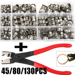 130/80/45pcs Stainless Steel Ear Stepless Clamp Worm Drive Fuel Water Hose Pipe Clamps Clips+ 1PC Hose Clip Clamp Pliers