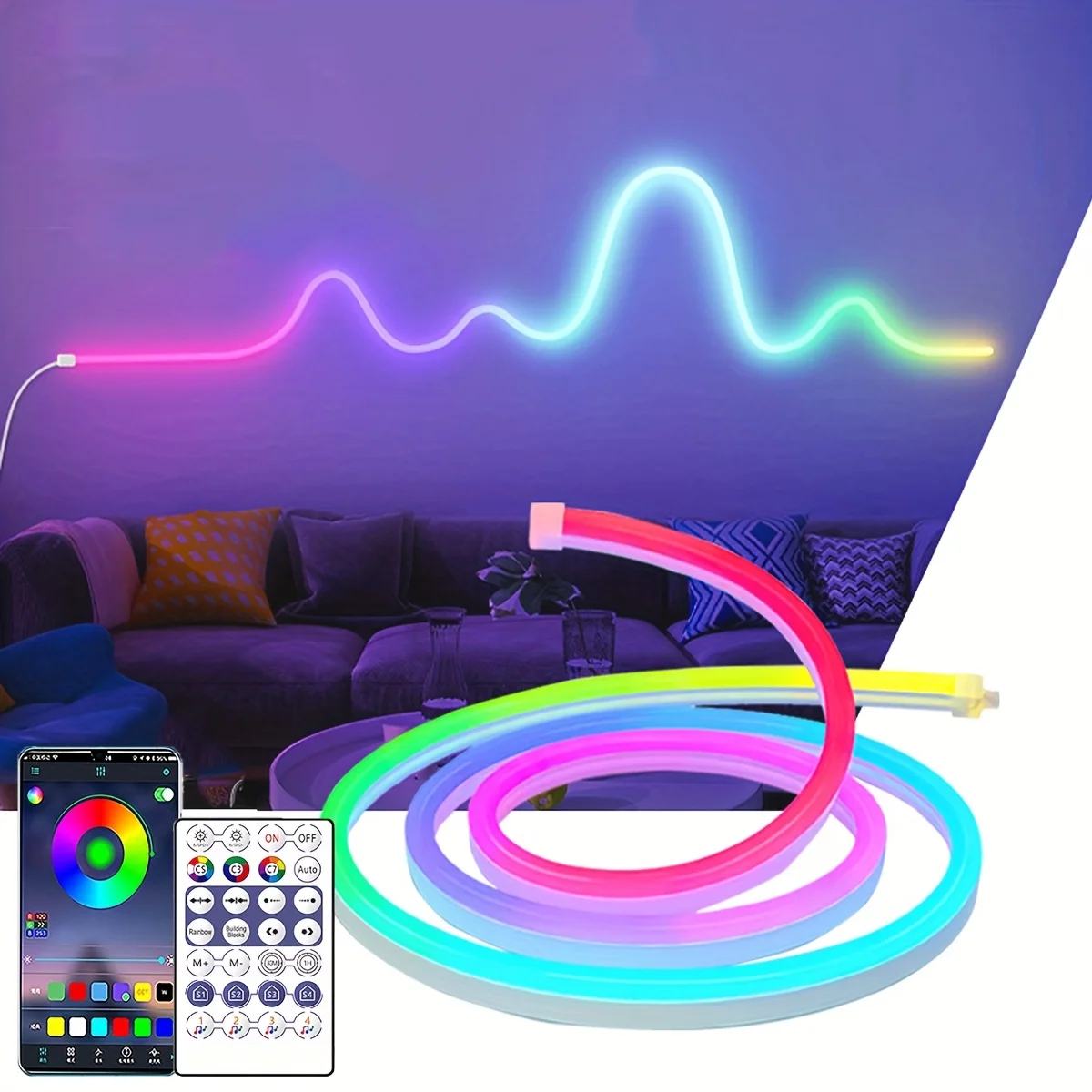 Intelligente RGBIC USB-Neon-LED-Streifenlichter, 1M-10M, APP-Steuerung, Musiksynchronisierung, wasserdichtes Neonseil mit dynamischen Effekten für Zuhause, Party-Dekoration