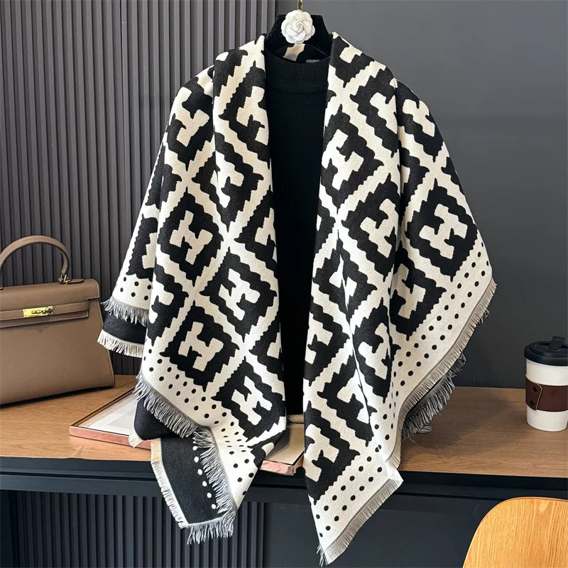 2024 Winter Women\'s Shawl Imitation Cashmere Scarf Letter H New Fashion Elegant Warm Large Thickened Lady\'s  Square Blanket