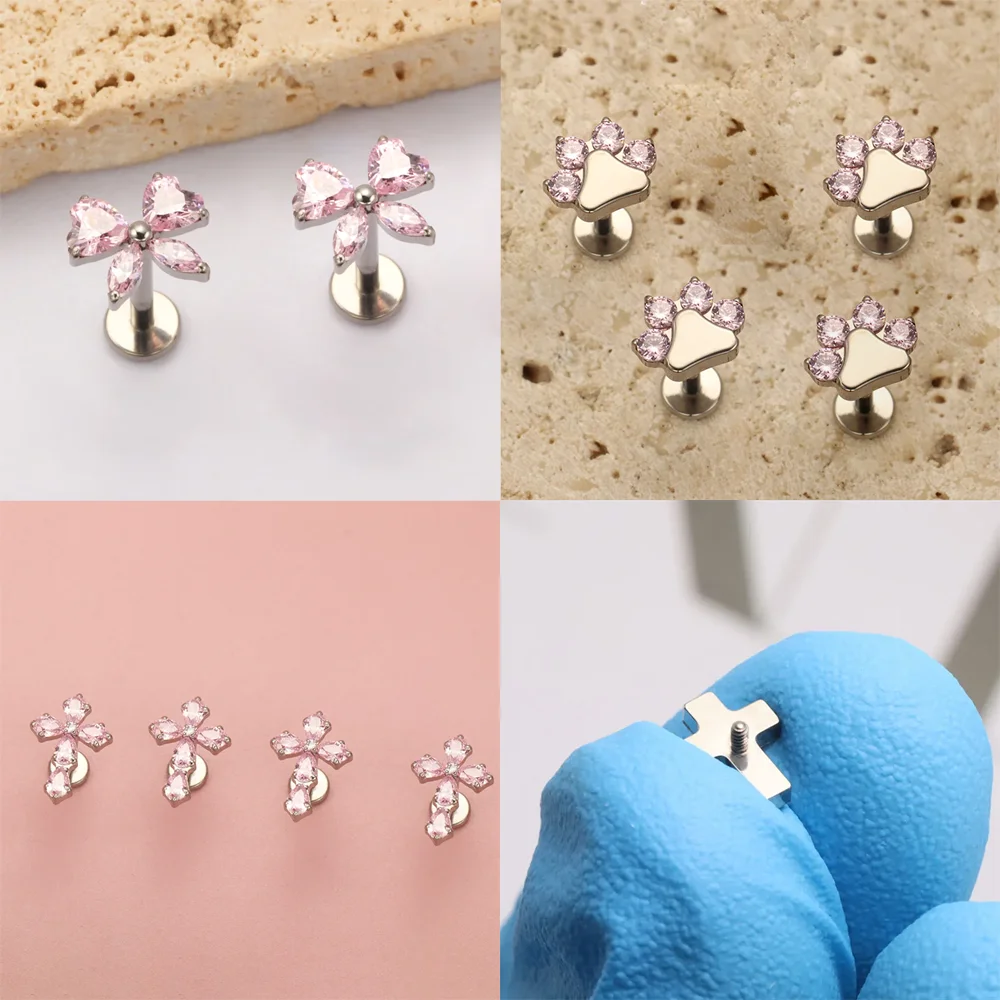 Hochwertiges Ohrstecker-Set aus F136-Titanlegierung mit rosa Zirkonia, modischer Knorpel- und Lippenpiercing-Schmuck für Männer und Frauen – Detail 8