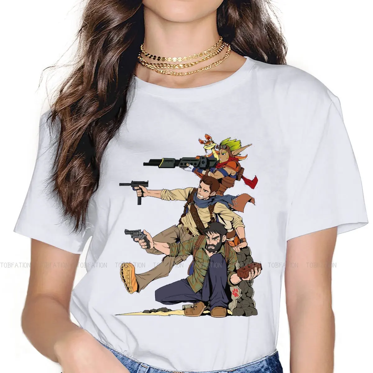 Camiseta de cuello redondo para mujer, camisa básica de algodón puro con diseño de perro travieso Drake Joel Jak, Uncharted Ruben Fleischer Nathan Drake, individualidad
