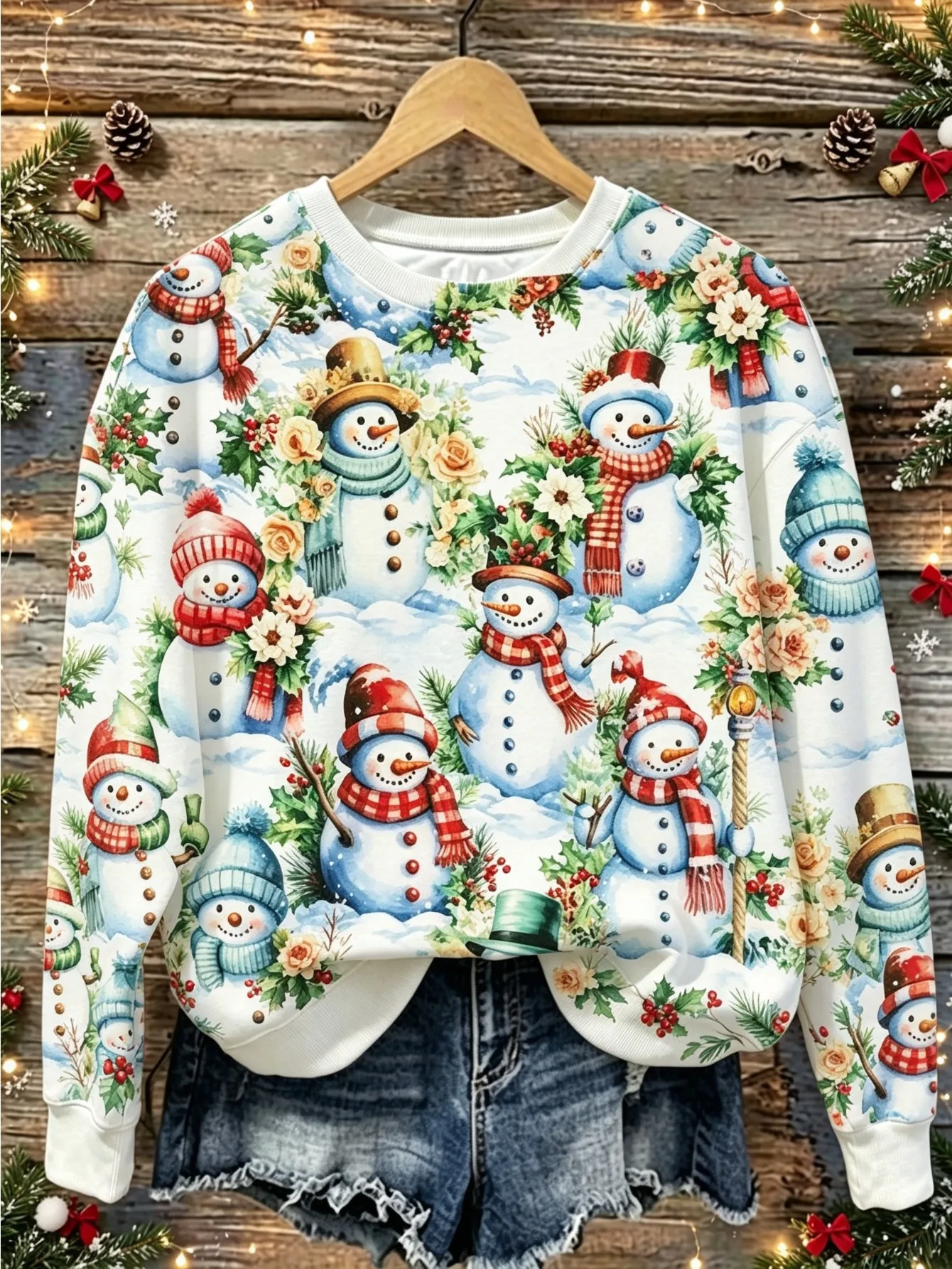 Women Long Sleeve T-shirt Round Neck Watercolor Snowman Floral Christmas Print Holiday Casual Tops Women's Clothes
