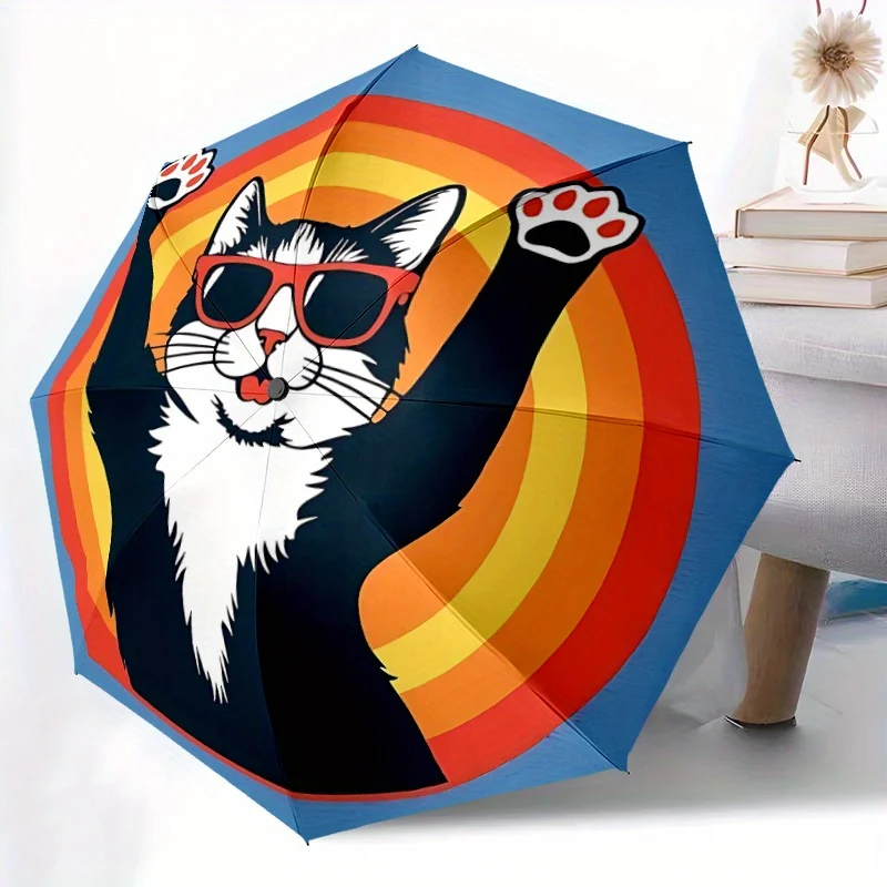 

1pc Automatic Open/Close Umbrella with Fashion Glasses Cat - Auto Open/Close Button, Compact Travel Umbrella, Sturdy 8-Rib Sha
