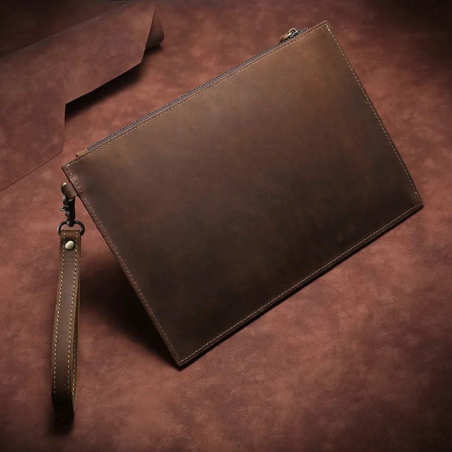 

【New style】Retro genuine leather men's bags crazy horse skin street fashion clutch men's handbag file bag business clutch Europ