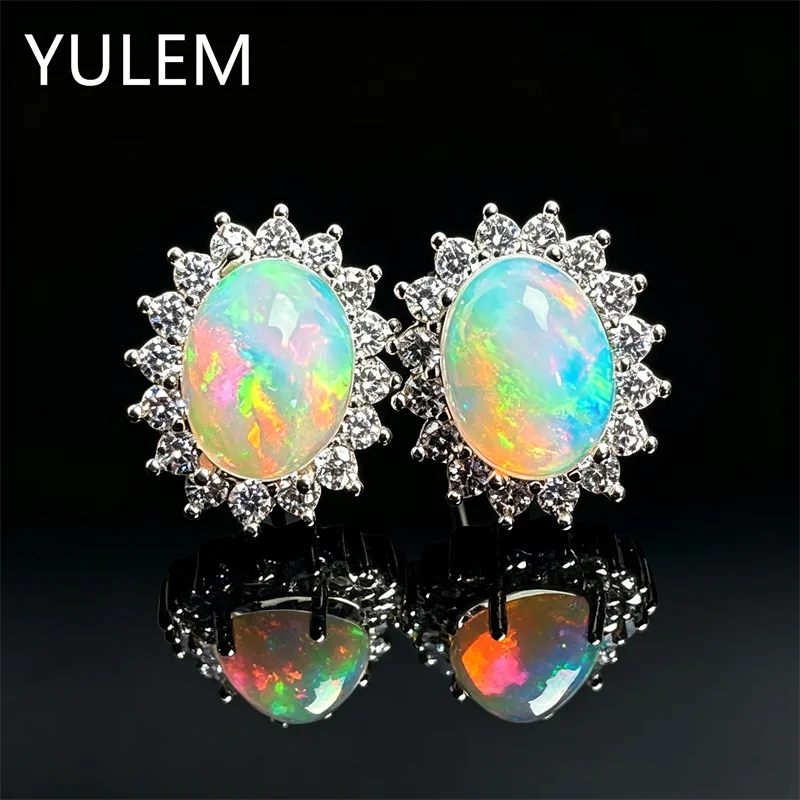 YULEM 8x10mm Oval Natural Fire Opal Earrings 925 Sterling Silver With Zircon Halo Ladies Fine Jewelry Stud Earrings