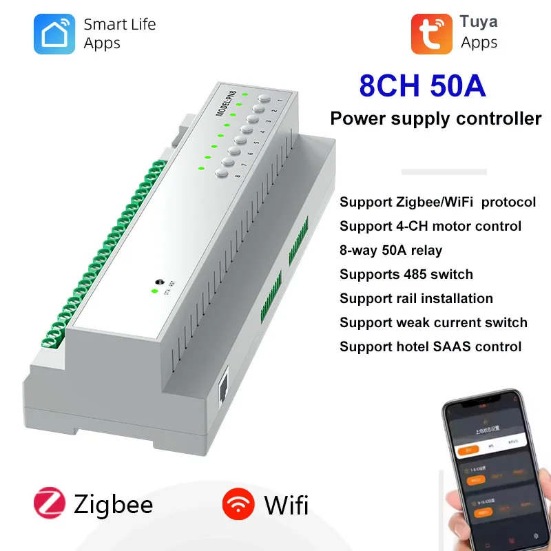 Tuya Smart WiFi/Zigbee 8-Kanal 50A Hochleistungs-Controller Relais-Schaltmodul Ein/Aus-Steuerung SAAS Trockenanschluss Schwachstrom-Strommodul