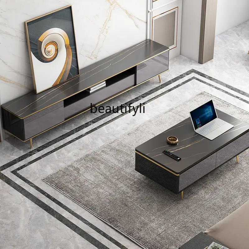 TV Cabinet Stone Plate Coffee Table Combination Wall Cabinet Small Apartment Living Room Italian Minimalist Paint Floor Cabinet