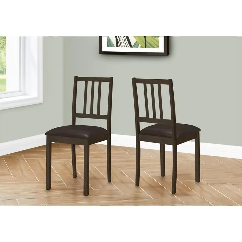 Set of 2 Upholstered Dining Chairs, Transitional Style, Brown Leather Look, Wood Legs for Kitchen & Dining Room