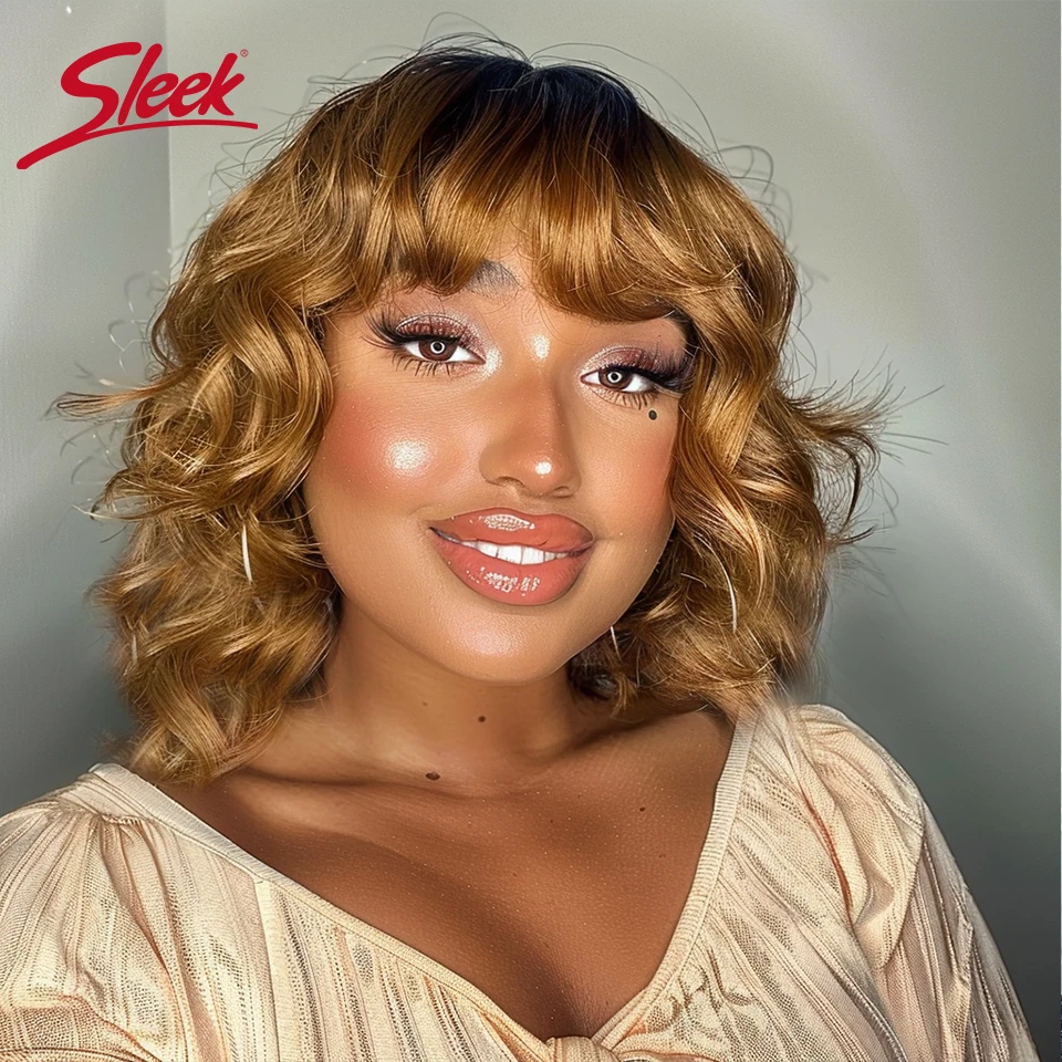 Sleek Blond 27# Brazilian Body Wave Bob Wigs With Bang Short Wavy Bob Wigs Nature Remy Highlight P4/27 Human Hair Wigs