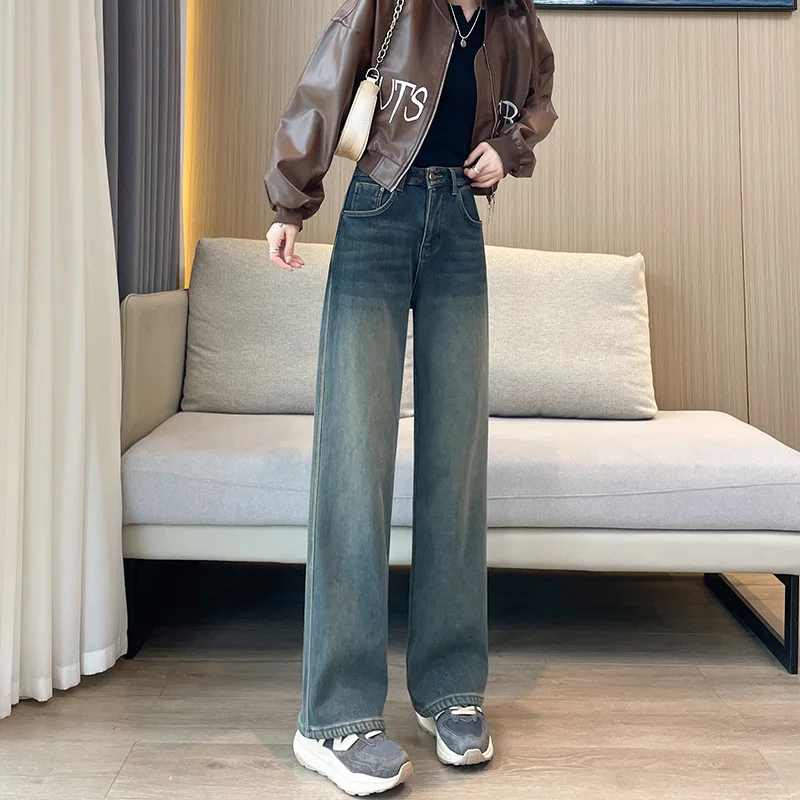 

Women Wide Leg Pants Jeans Winter Thick Straight Denims Loose High Waist Pockets Washed Distressed Trousers 2025 Streetwear
