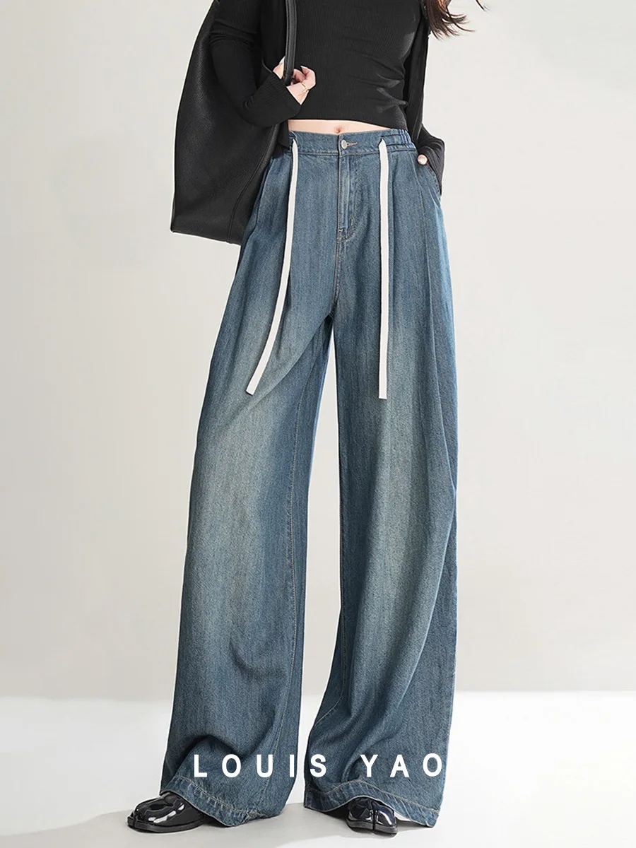 

LOUIS YAO 2025 Lyocell Straight Leg Pants Spring Casual High Waist Contrast Color Pants Rope Elastic Waist Long Jeans Women