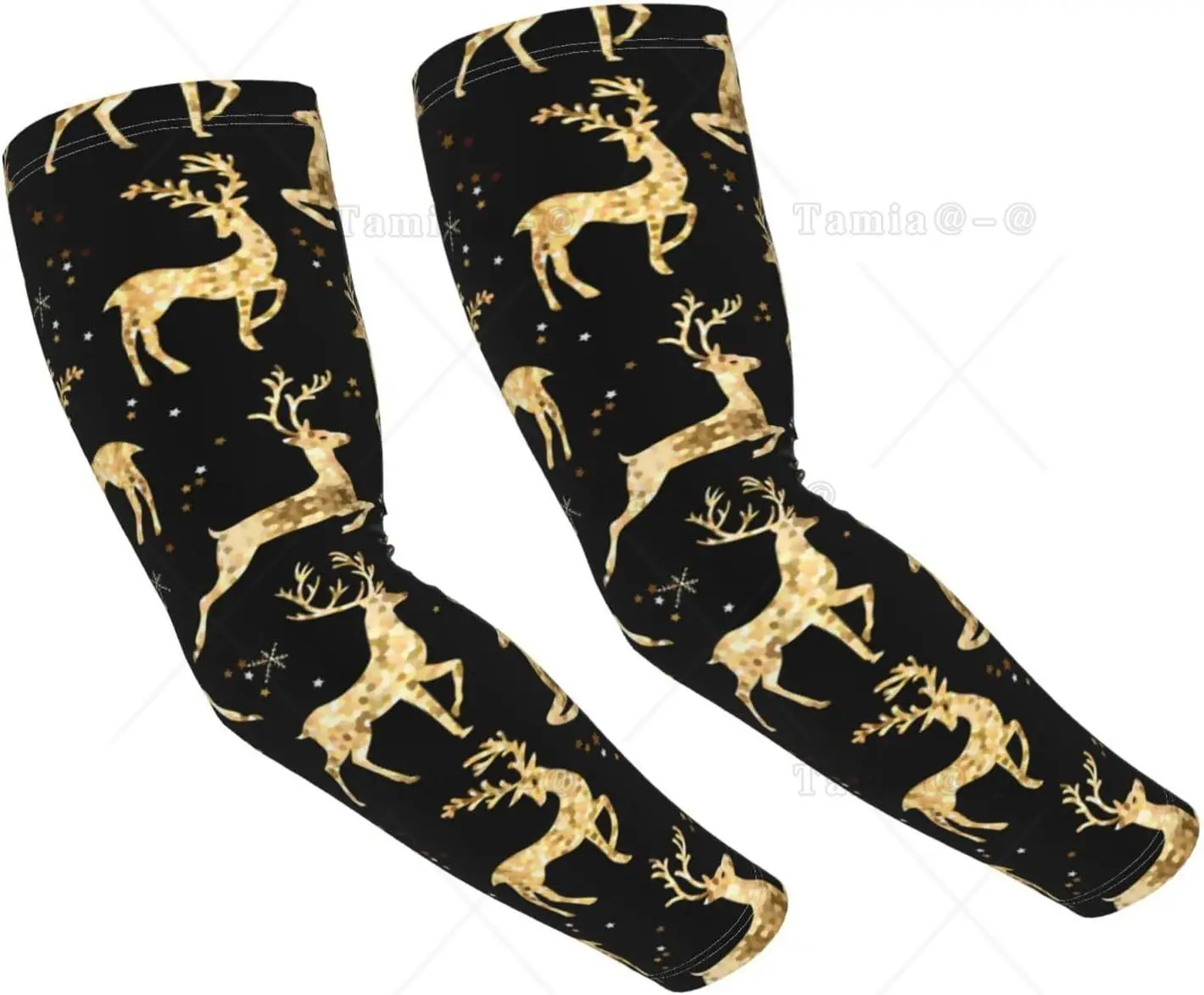 Christmas Gold Deers Print Arm Sleeves Cooling UV Sun Protection Sports Compression for Men Women Golf Basketball Arm Sleeves