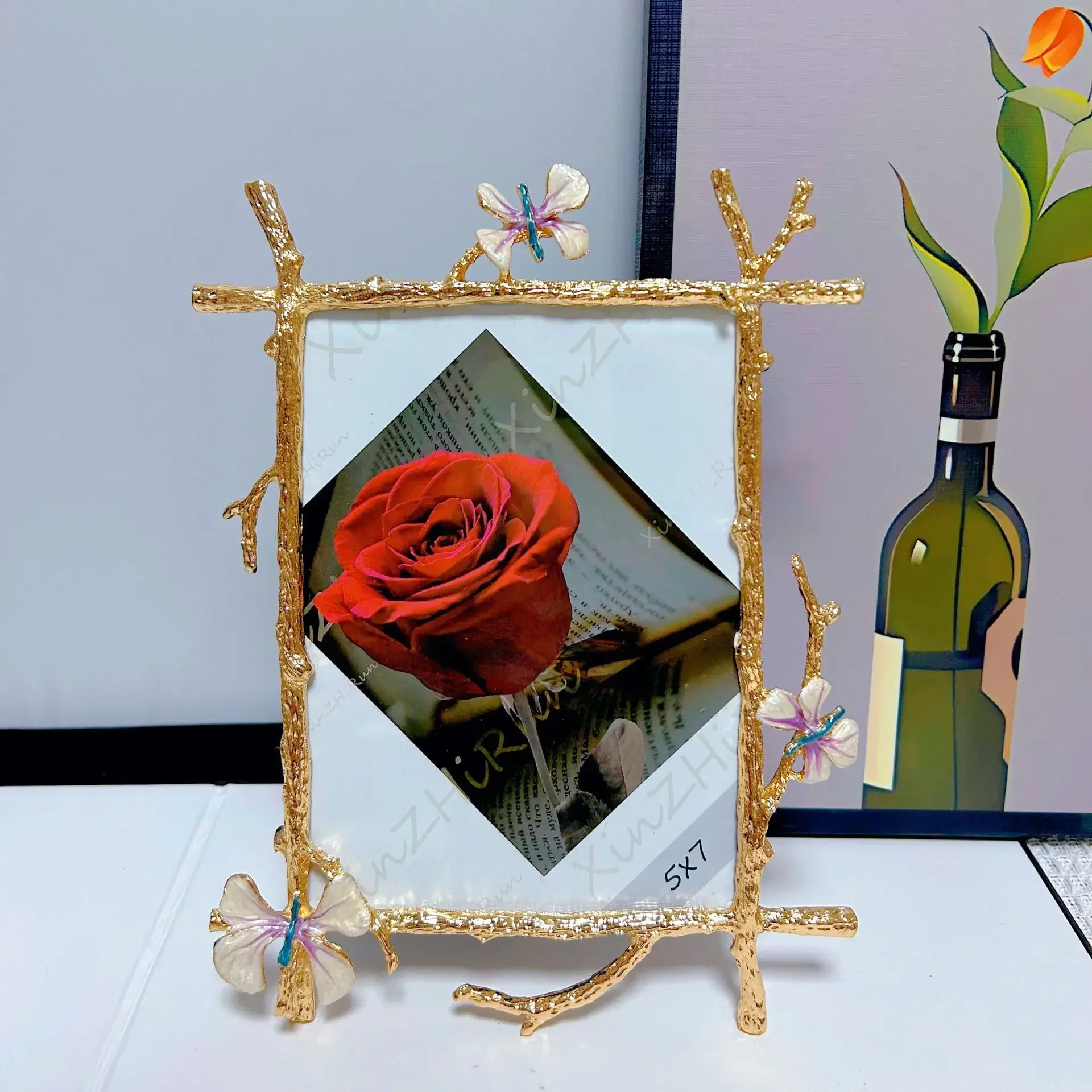 Creative Metal Photo Frame Phnom Penh Branch Shape Golden Butterfly Picture Frame Wall Pendant Decorative Accessories