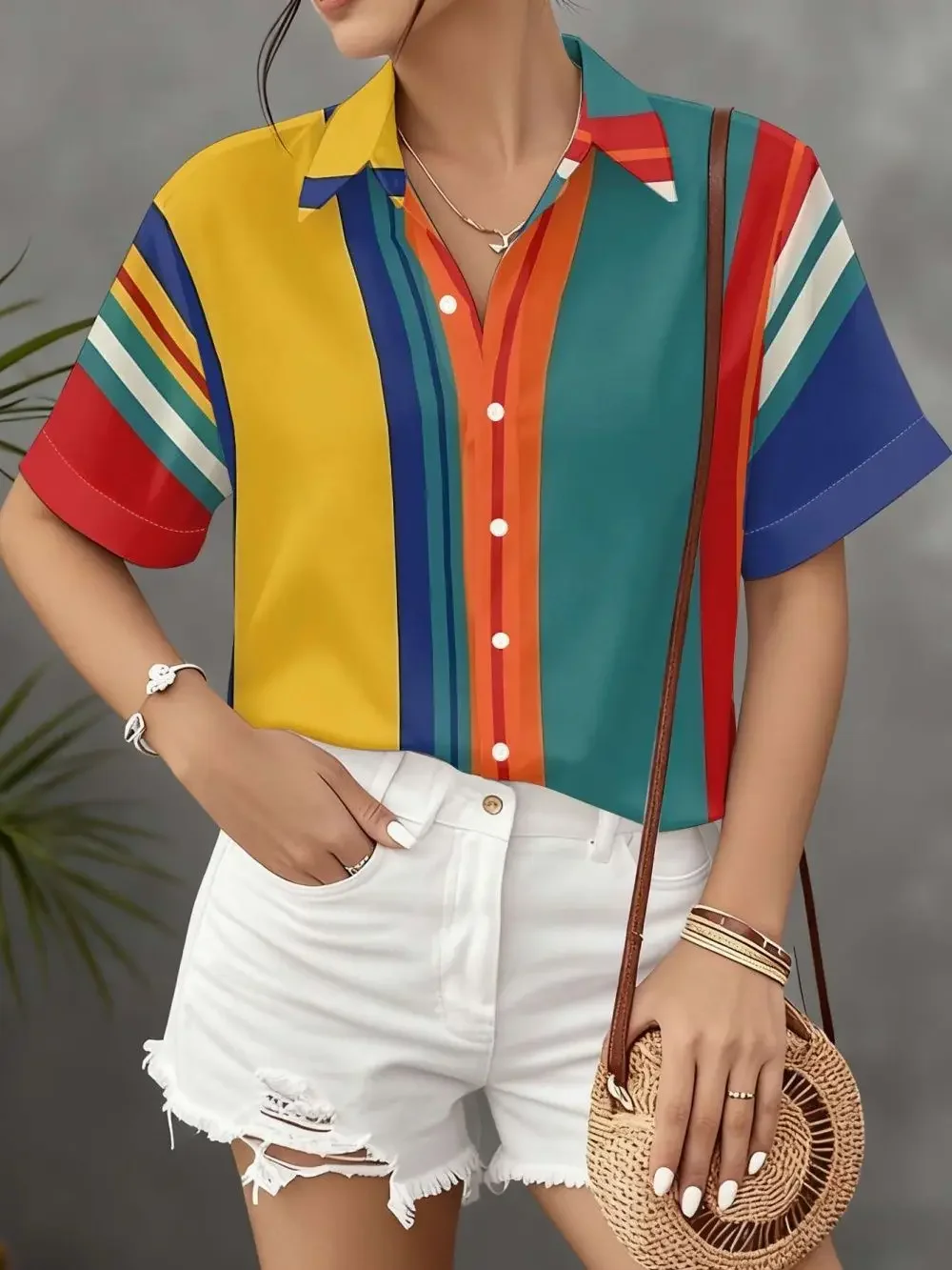 

Women's Colorful Vertical Stripe Print Button Down Shirt Summer Loose Casual Collared Tops Spring Summer Daily Vacation Blouses