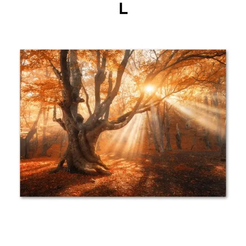 Wall Art Print Canvas Painting Autumn Lake Sunshine Through Tree Poster Japanese Maple Leaves Pictures Living Room Decor