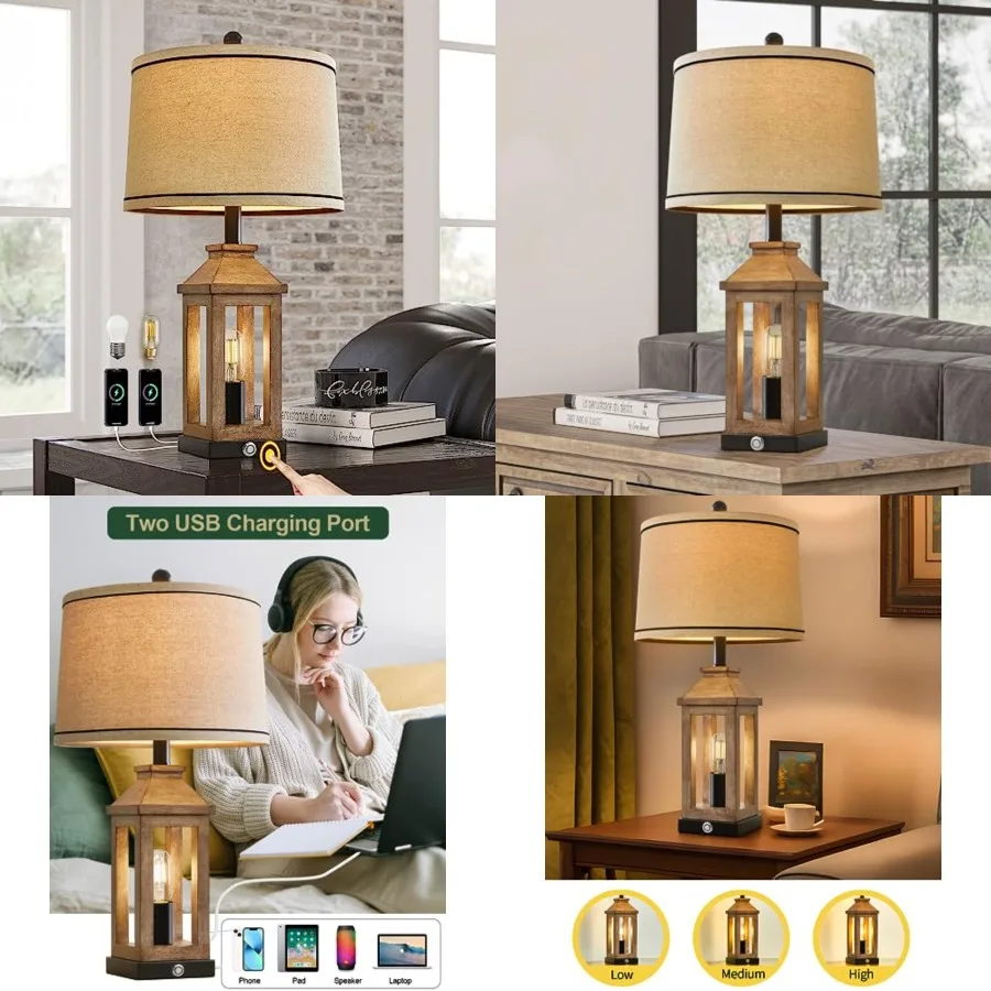 

23.75" Farmhouse Table Lamps USB A+C Charging Ports 3-Way Dimmable Touch Control Lamp Nightlight Vintage Modern Lamp for Living