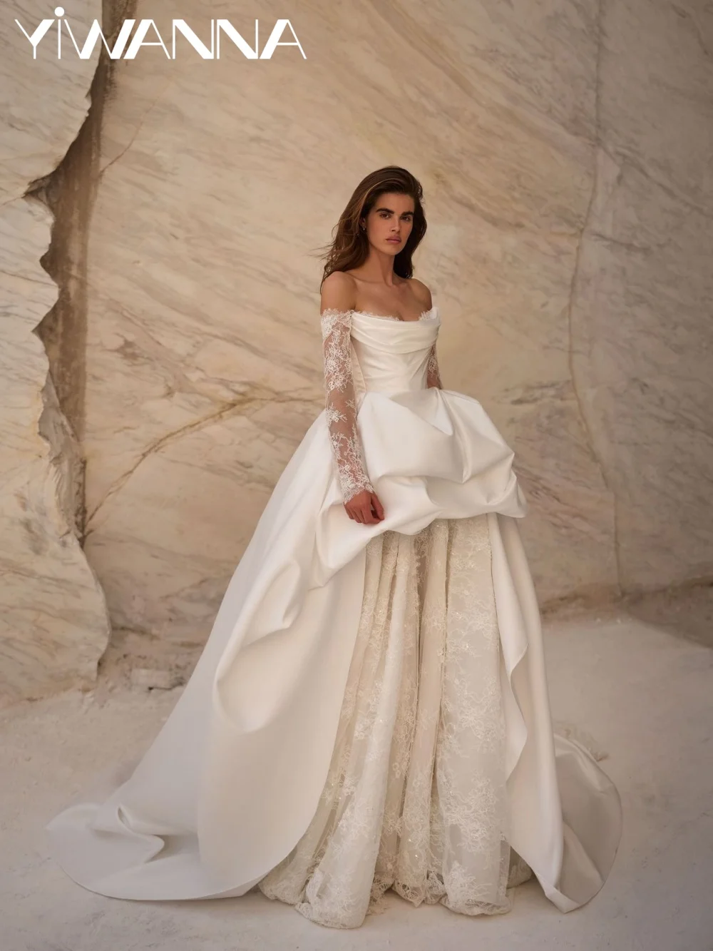 

Ruffled Satin Train Beaded Wedding Dress Opulent Lace Off Shoulder Bridal Gown Customized Dreamy Elegant Dresses For Bride