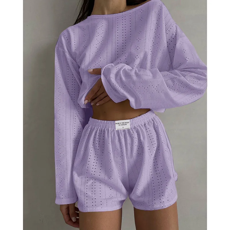 Women's Pajamas Set Spring Long Sleeve Tops With Shorts Sleepwear 2 Piece Set Loose Round Neck Home Wear Loungewear Pyjama Femme