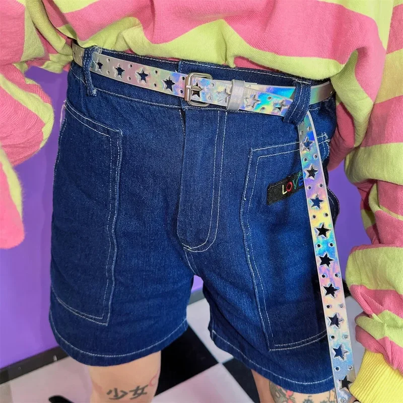 Harajuku Y2K Girl Star Hollow Leather Belt Gothic Punk Jeans Pants Decorate Youth Women Fashion High Street Waistband Female