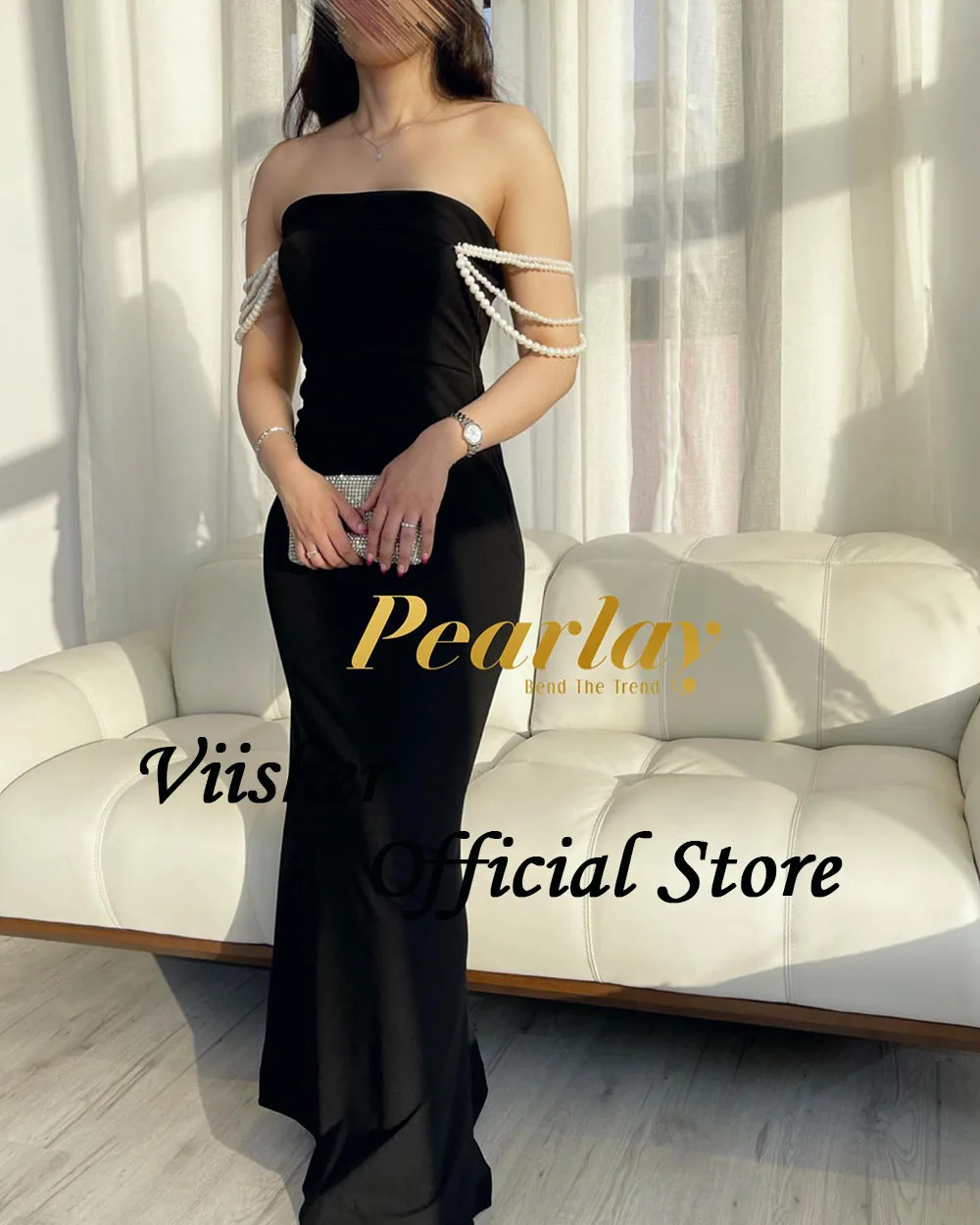 Viisher Black Mermaid Evening Dresses Pearls Straps Spandex Satin Strapless Prom Party Dress Floor Length Formal Evening Gowns