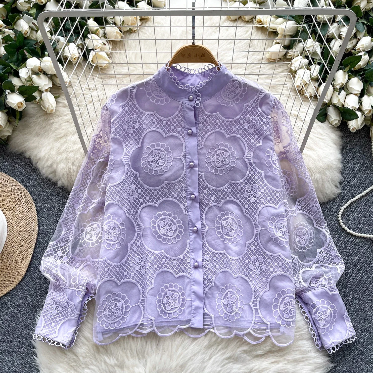 Vintage Stand Collar Chic Hollow Out Slim Mesh Embroidered Top Korean Fashion Women Streetwear High Street Spring Autumn Blouse