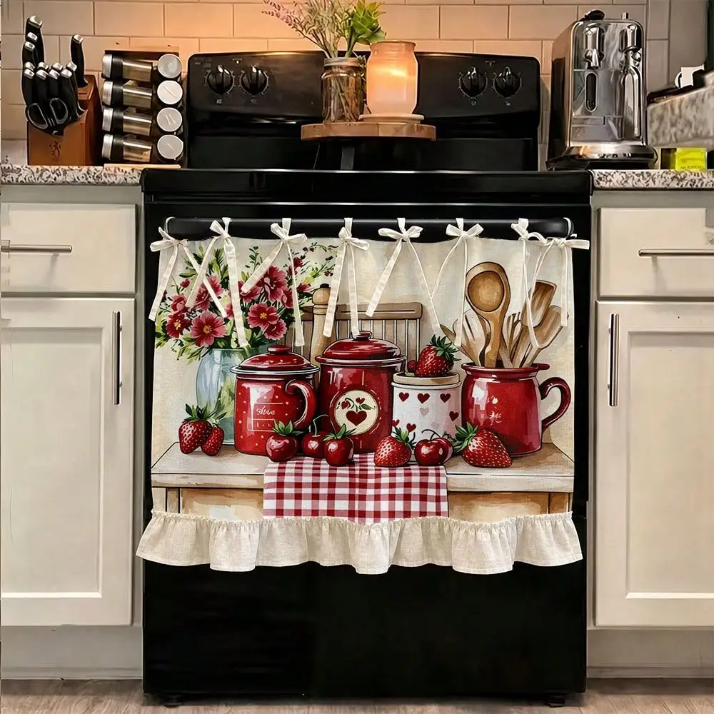 Vintage Strawberry Pattern Two-dimensional Multi-functional Decorative Curtain, Suitable for Kitchen Skirts, Oven Covers, Washing Machines, Dishwashers, Bathroom Window Decorations, and Kitchen Purposes, Can Be Used As A Halloween Kitchen Apron