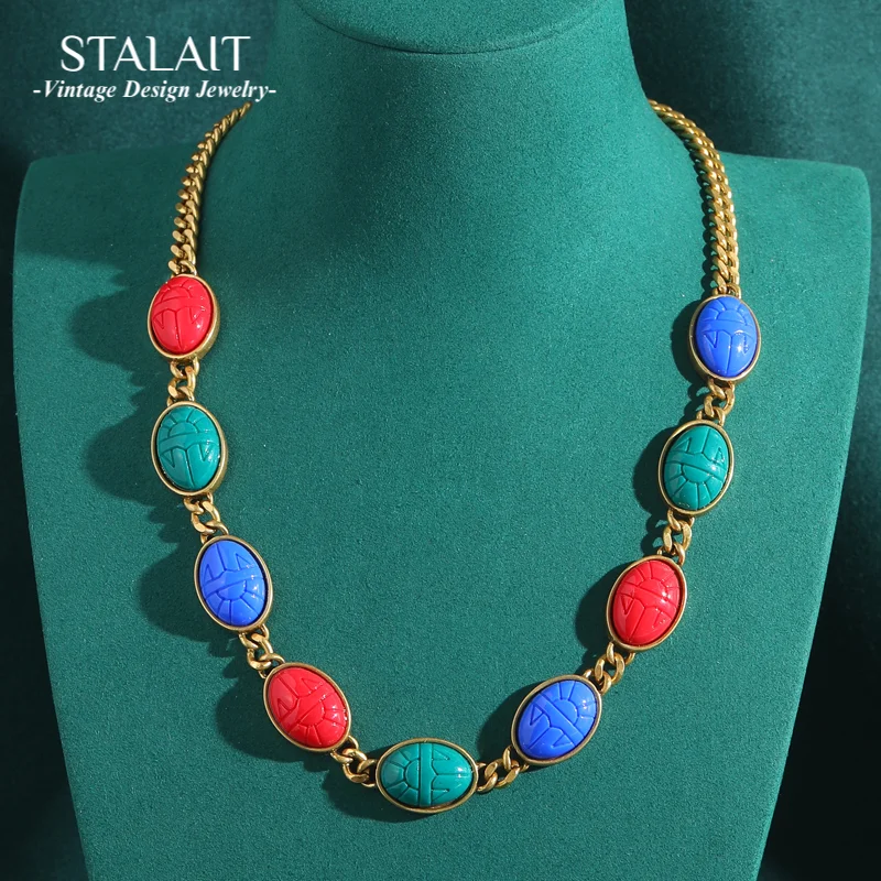 Vintage Blue Natural Stone Choker Necklaces Collar Sun For Woman Gothic Accessories Antique Gold Color Luxury Dubai Jewelry 2025
