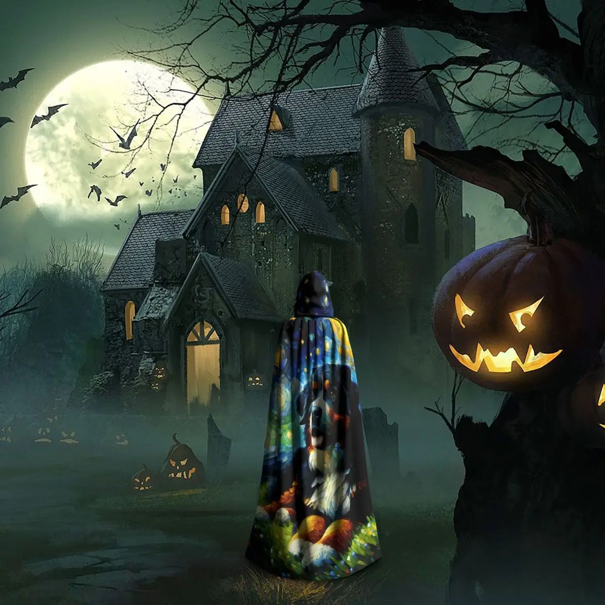 Starry Night Bernese Mountain Dog Van Gogh Lover Long Hooded Cloak Witch Medieval Costume Cosplay Cape HalloweenParty Adult - view 6