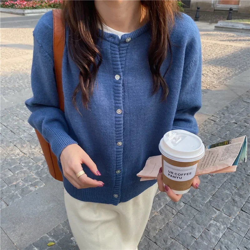 Autumn and Winter Korean cardigan O Neck Solid Color Long-Sleeve Cardigan Sweater Short Loose Full Sweater Knitted Jacket Women