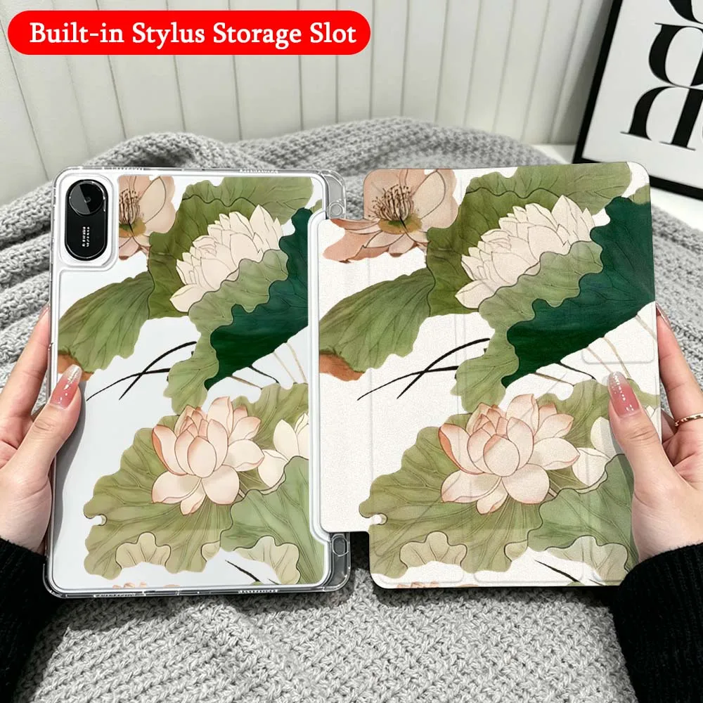 Cartoon Lotus Art Case For Xiaomi Redmi Poco Pad 5 6 7 8 Pro SE 11 11.2 12.1 Inch Transparent Y-Shaped Folding Tablet