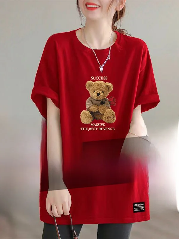 

plus Size Women's Printed T-Shirt Short Sleeve Midi Top Fashionable Half Sleeve Mom Clothes Middle-Aged And Elderly Wear