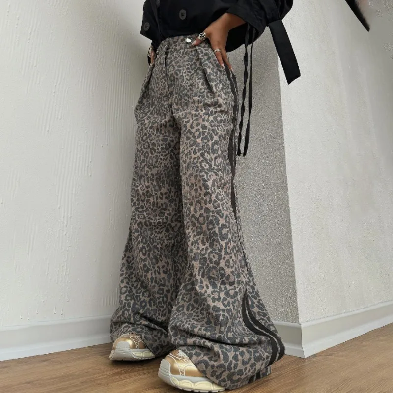 2024 Autumn New Style Fashion Leopard Print Mopping Pants Return To The Ancients Side Stripe Loose Street Style Wide-leg Pants