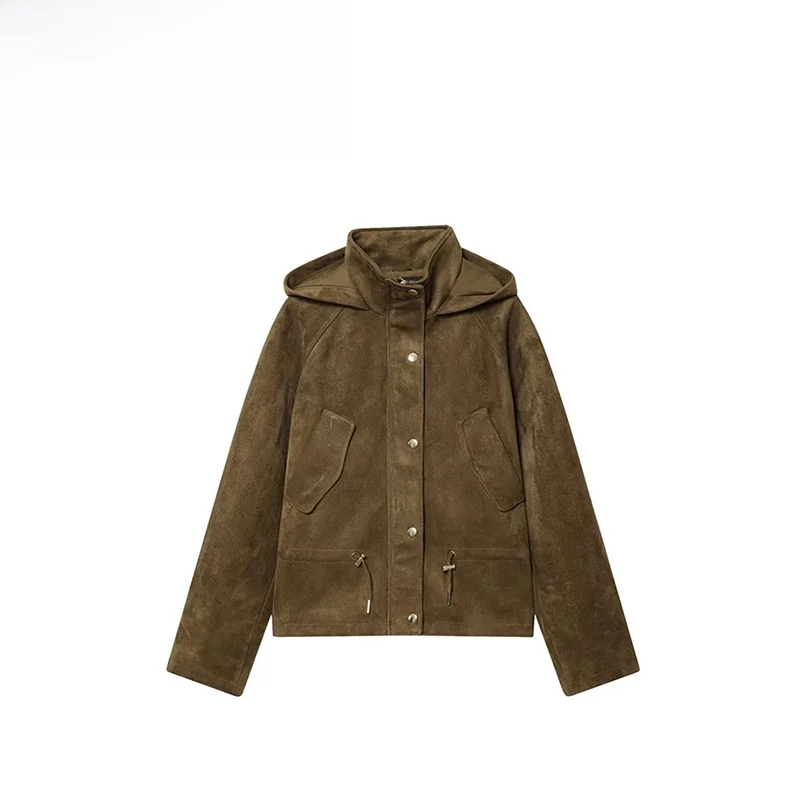 Herfst nieuwe Faion Ba leereffect jas met capuchon, losse pasvorm, lange Sve damesbovenkleding van polyestervezel