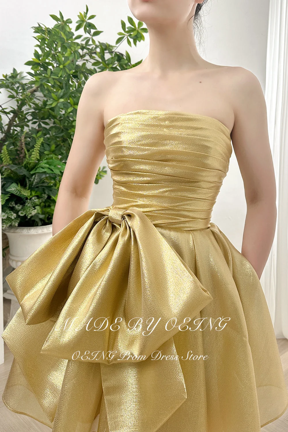 OEING Gold Ruffles Mini A-line Prom Dress Glitter Princess Strapless Corset Back Cocktail Club Party Dresses Vestidos De Gala