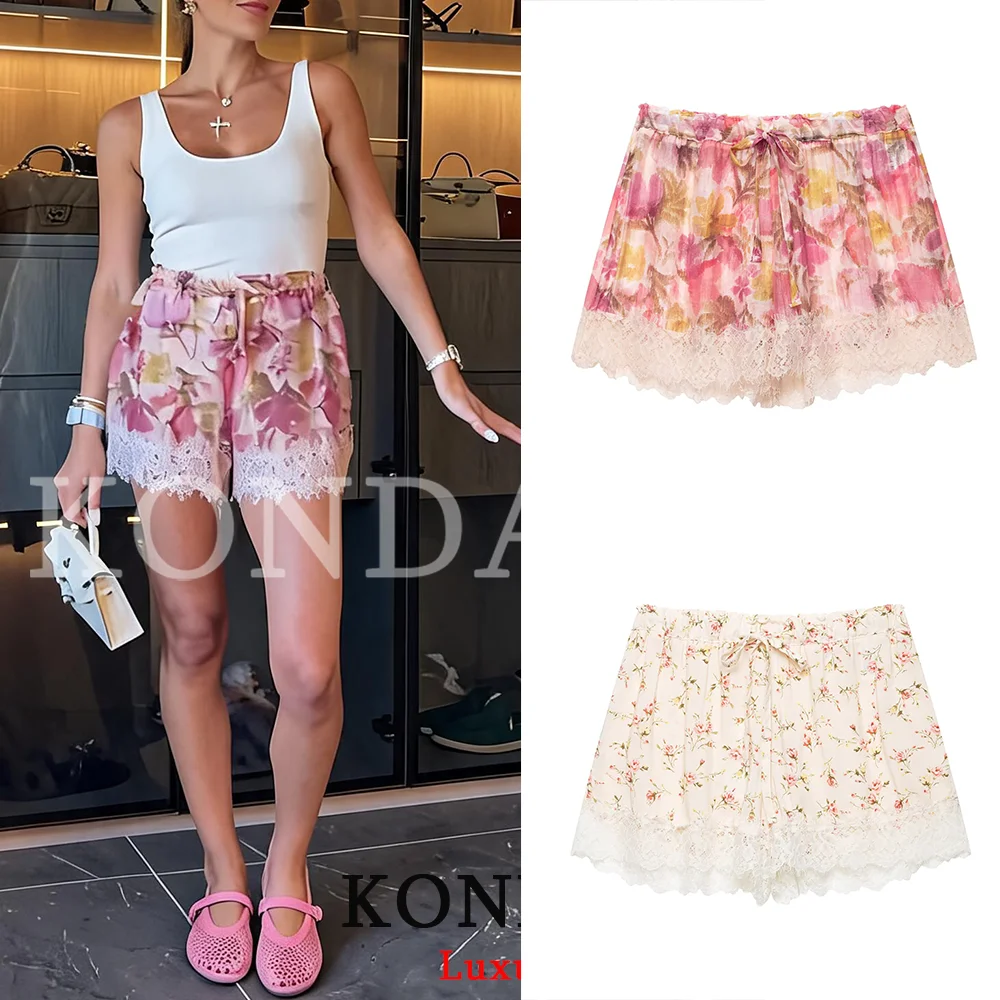 KONDALA Holiday Beach Chic Women Shorts Print Lace Pockets Elastic Waist Bow Shorts New Fashion 2026 Summer Boho Elegant Shorts